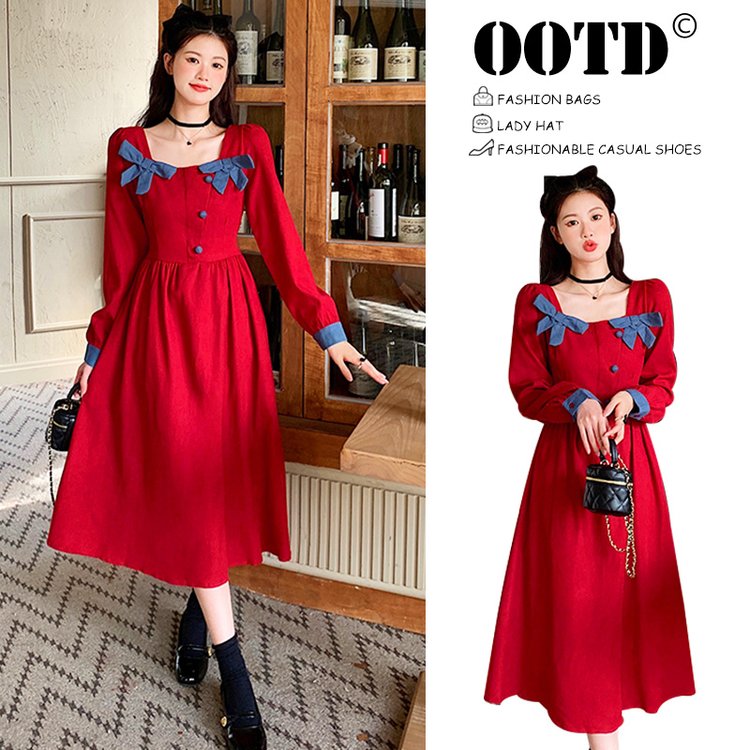 大码过新年衣服圣诞节服装战袍红色金丝绒连衣裙女秋冬小个子红裙